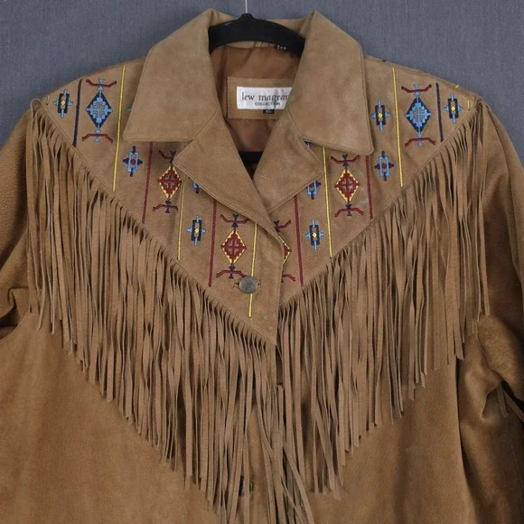 Lew Magram Western Jacket Womens XL Brown Suede Leather Embroidered Fringe Aztec - Picture 2 of 16